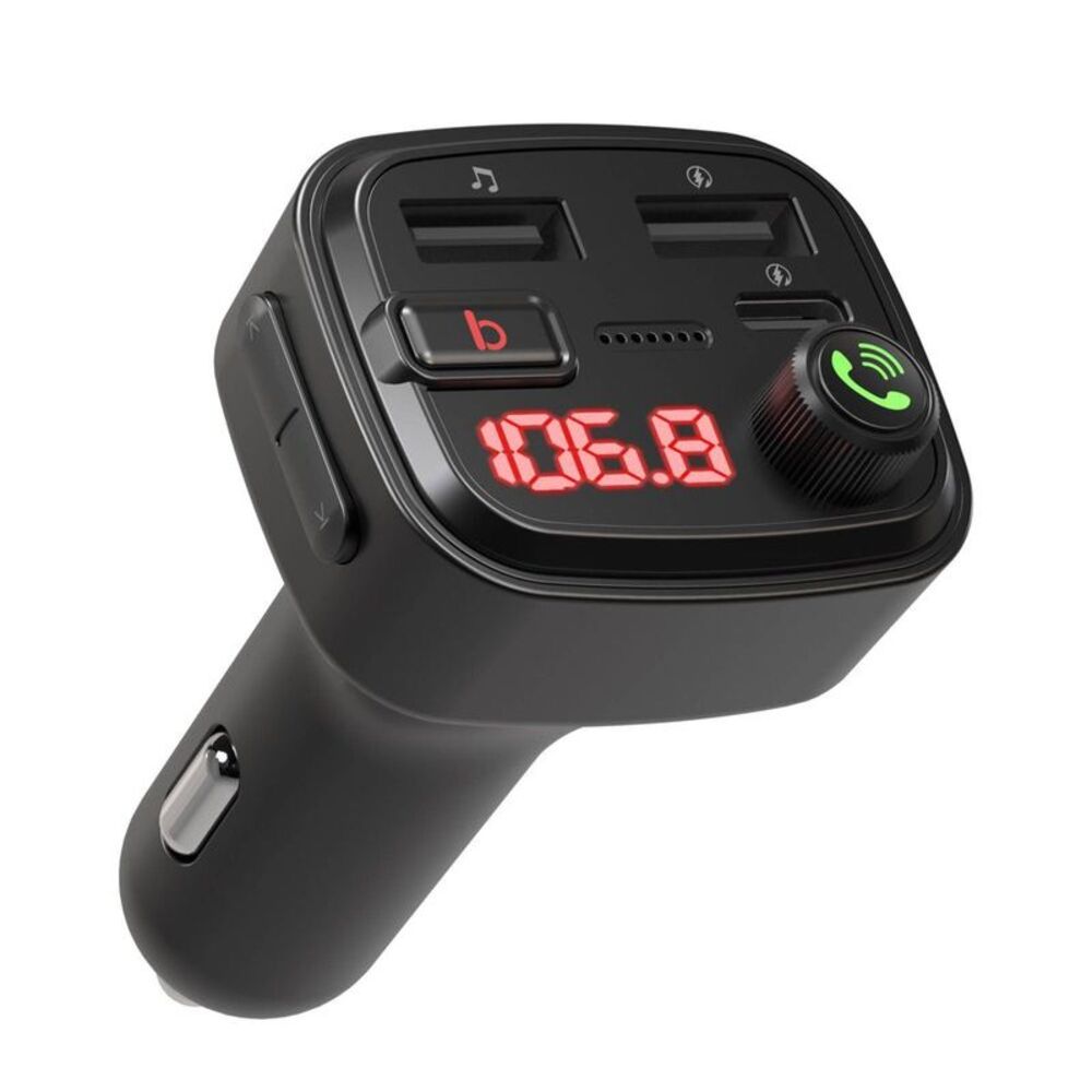 Bluetooth FM Transmitter Type-C & USB-A Ports Bass Booster Black